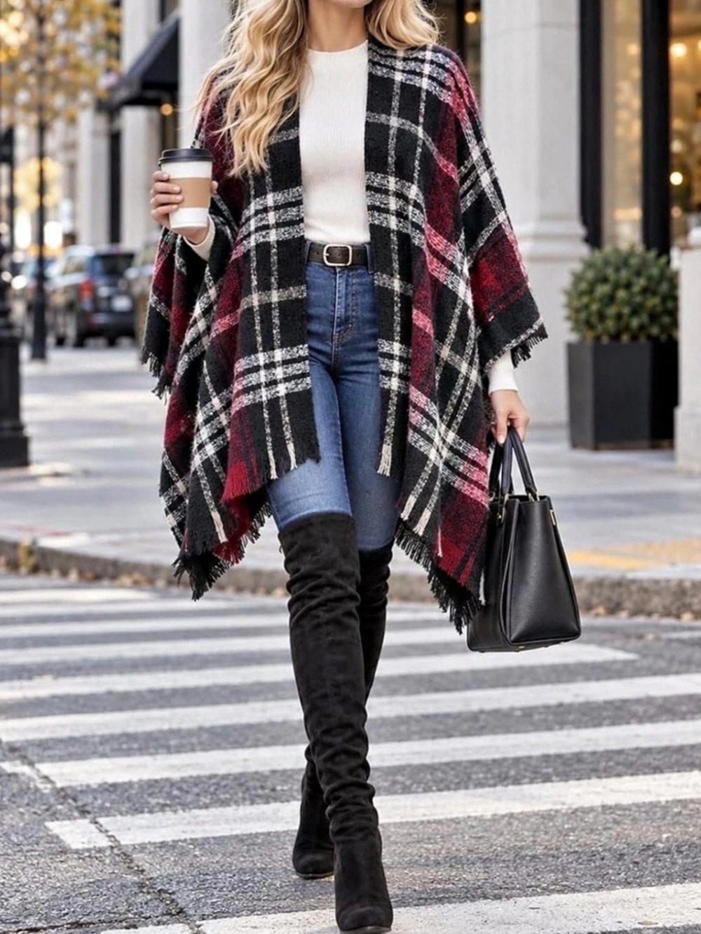 Boho Plaid Poncho Open Front Shawl Wrap.